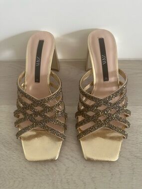 Zara Gold Crystal Strappy Mules